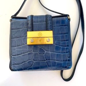 Tory Burch Blue Leather Embossed Croc Gold Hardware Crossbody Shoulder B…